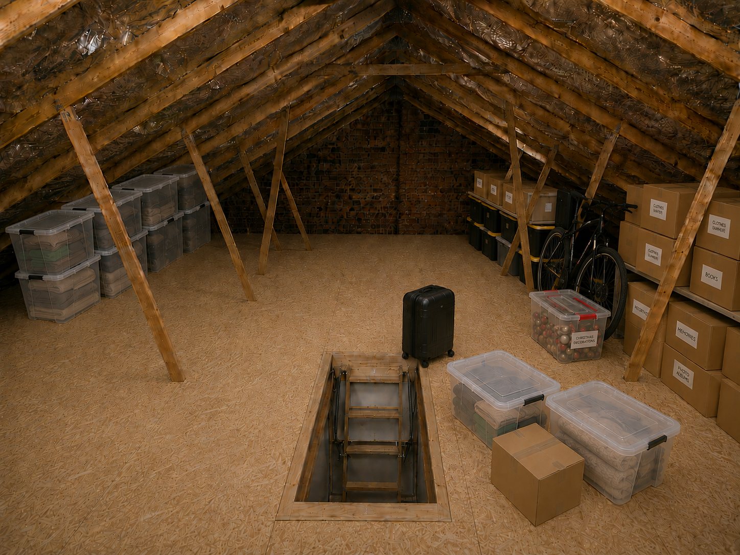 Finished roof-space storage — floored, with fold-down ladder, labelled boxes and tubs